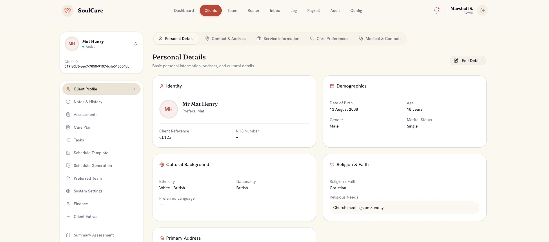 SoulCare client profile