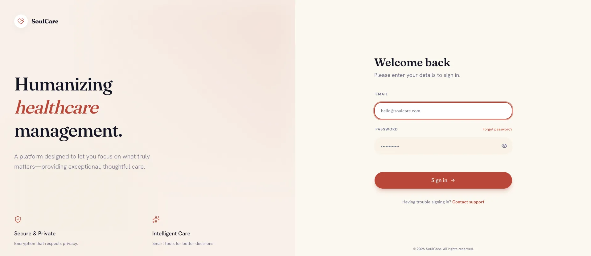 SoulCare sign-in screen