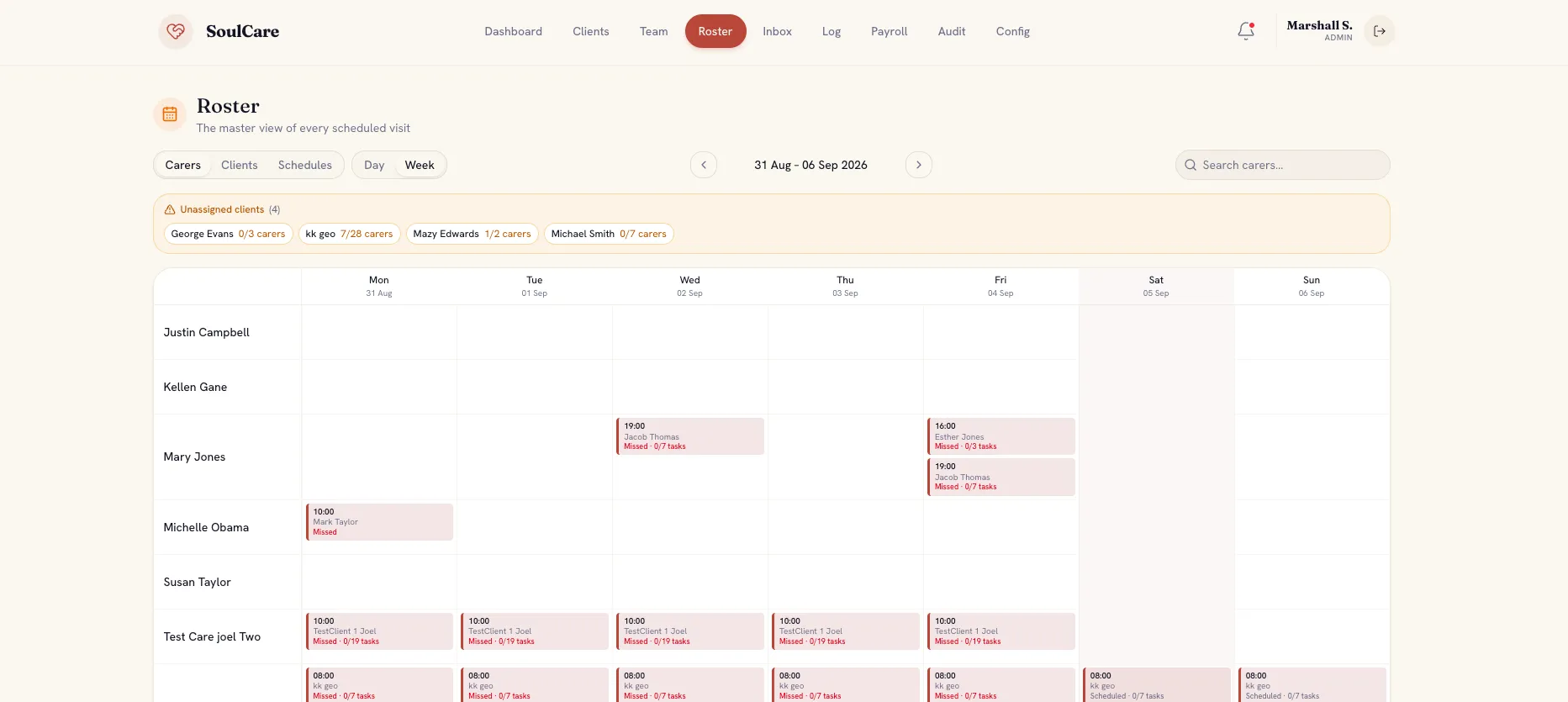 SoulCare roster interface